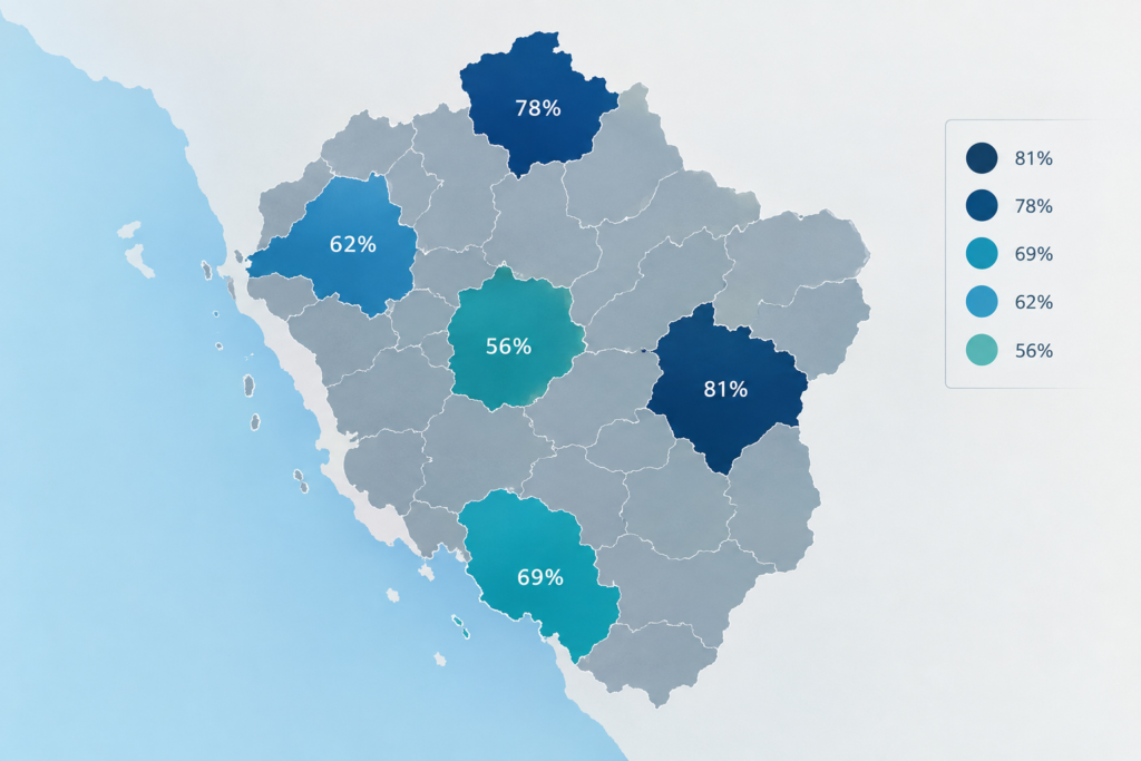 Карта регіонів з виділеними областями і відсотками тривог