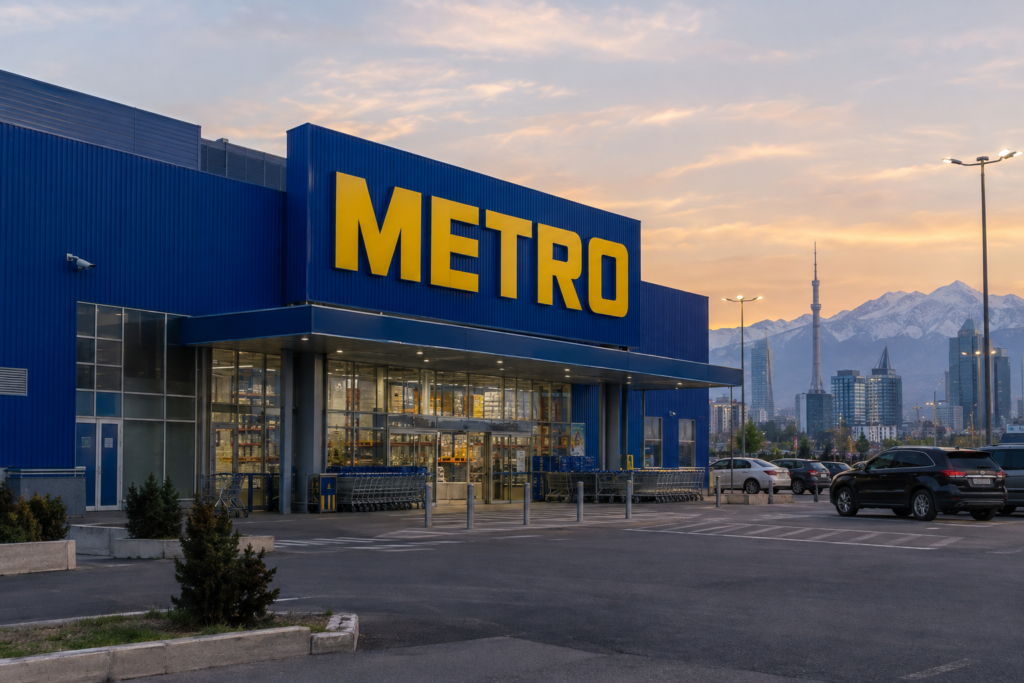 Фасад магазину Metro в Казахстані з вивіскою на фоні міста