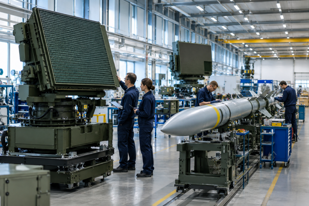 Радари та виробництво ракет на європейському заводі, інженери перевіряють обладнання