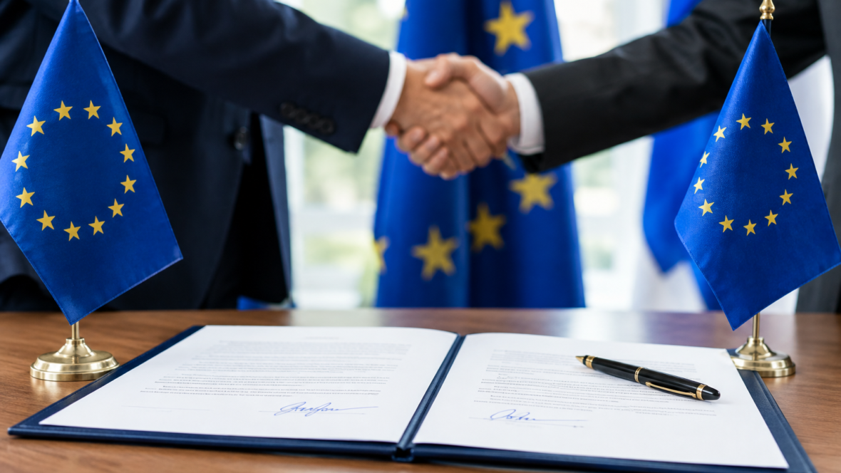 Підписана угода на тлі прапорів України і Німеччини, рукостискання