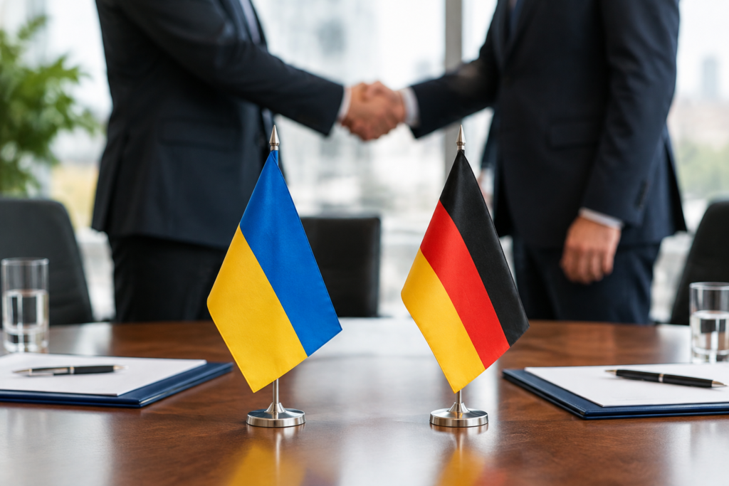 Делегації України і Німеччини підписують документи, прапори на столі