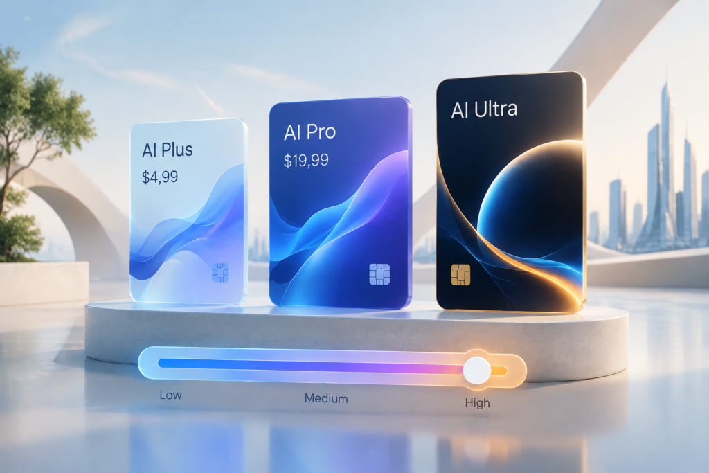 Ілюстрація рівнів підписки AI Plus $4,99 AI Pro $19,99 AI Ultra і повзунок рівнів зусиль низький середній високий