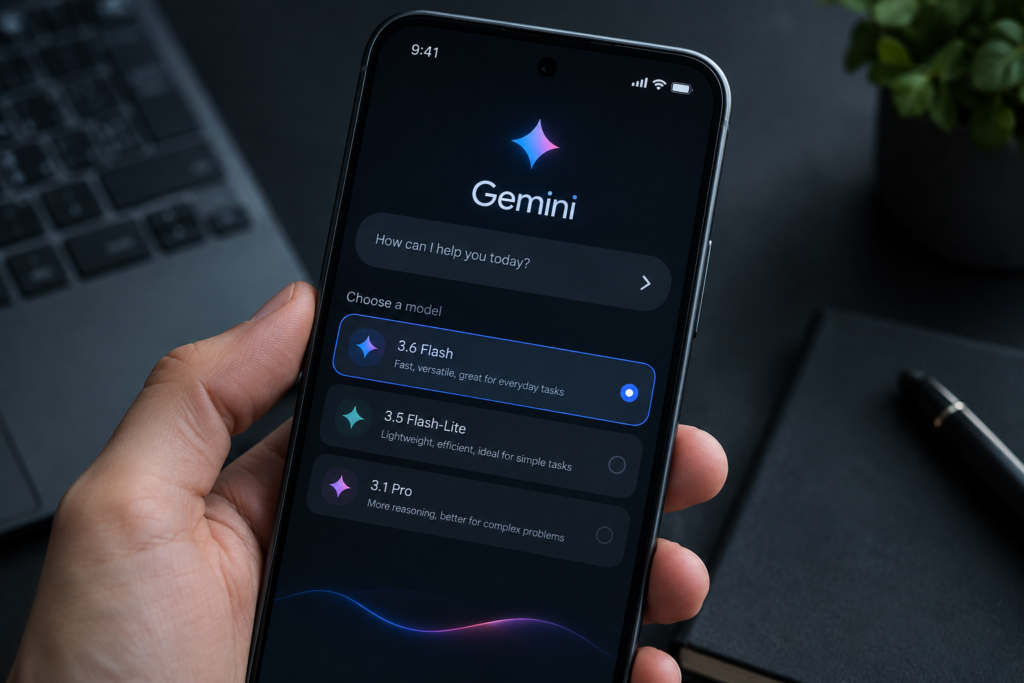 Екран смартфона з інтерфейсом Gemini і назвами моделей 3.6 Flash, 3.5 Flash-Lite, 3.1 Pro