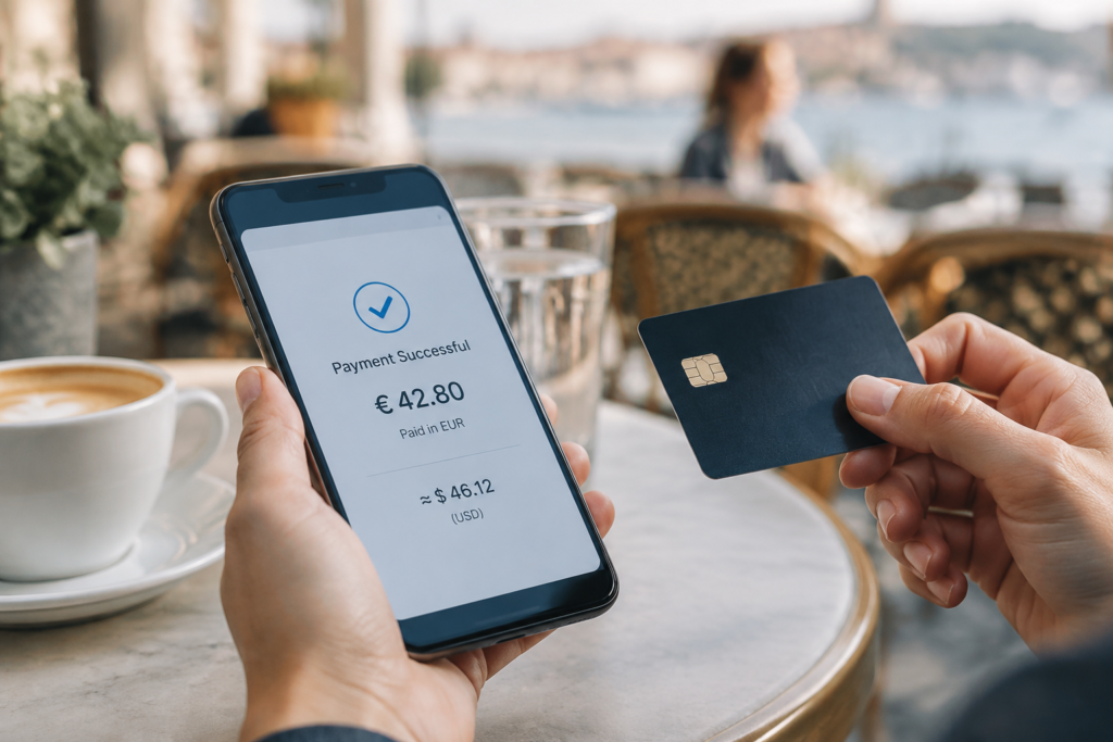 Банківська картка та оплатa через смартфон за кордоном, розмитий фон кафе