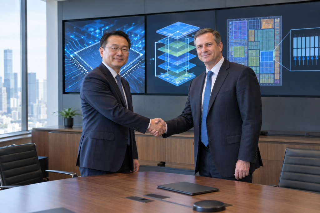 два керівники Huawei і Qualcomm тиснуть руки на фоні схем чипів і діаграм LogicFolding