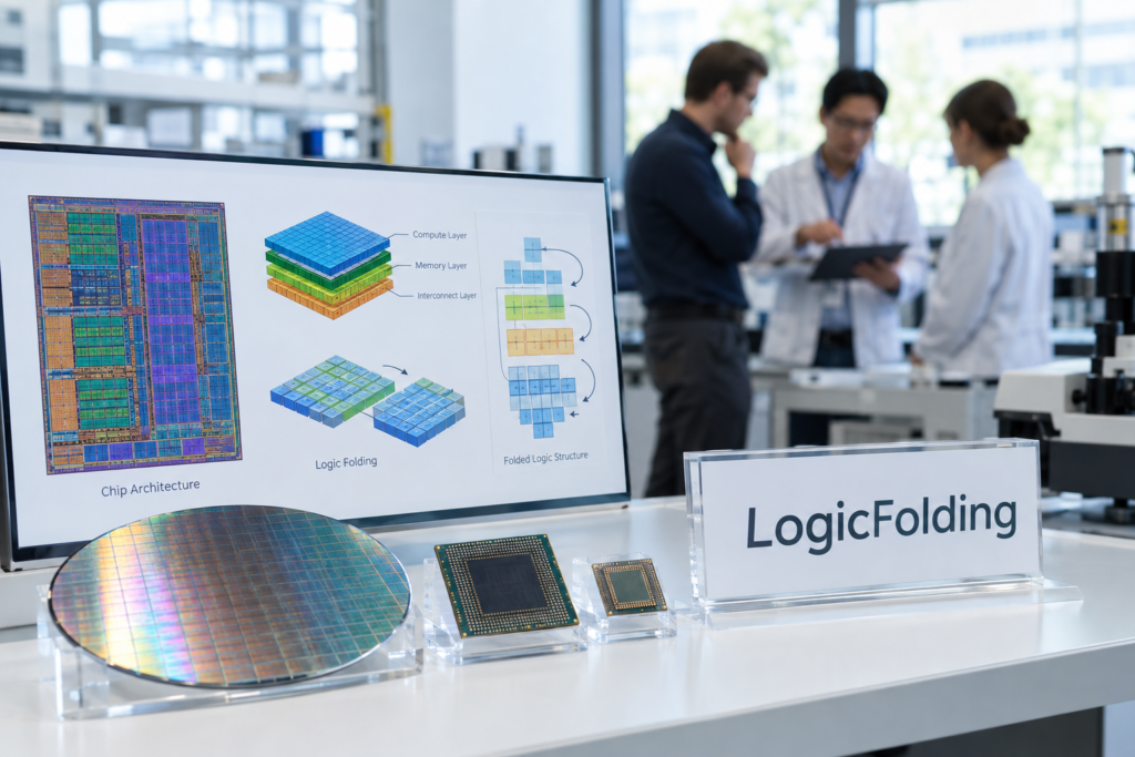 екран із діаграмою архітектури чипа LogicFolding та інженери в лабораторії на задньому плані