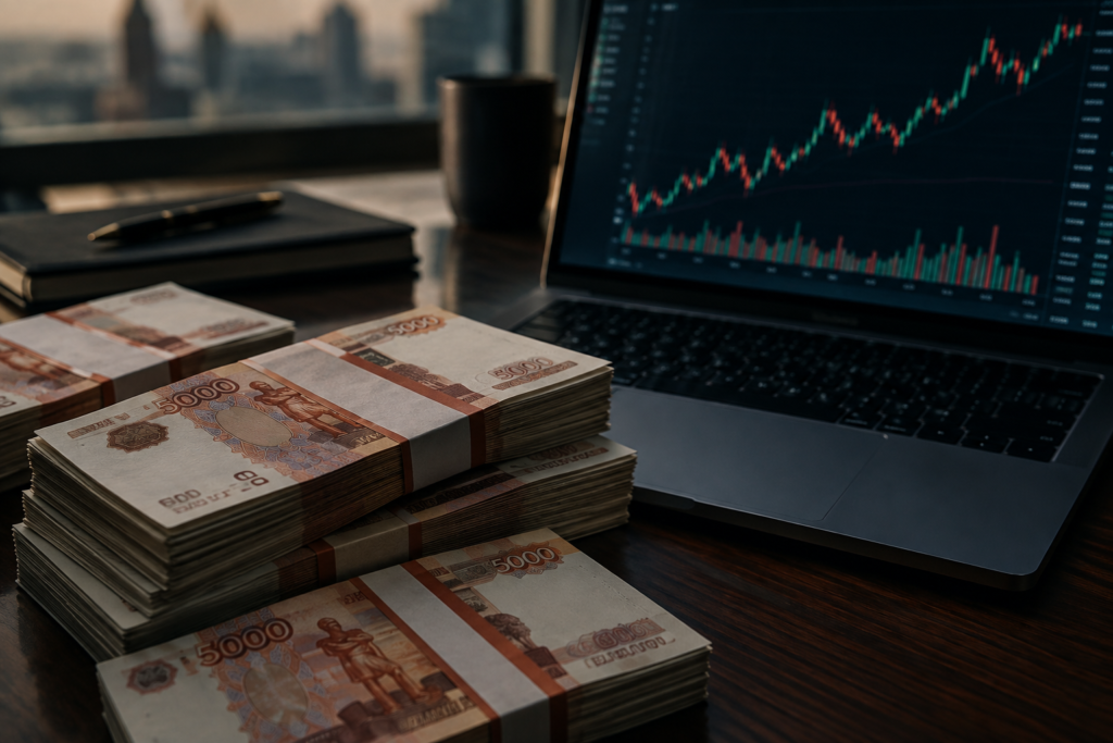 Рублі і фінансові графіки на ноутбуку