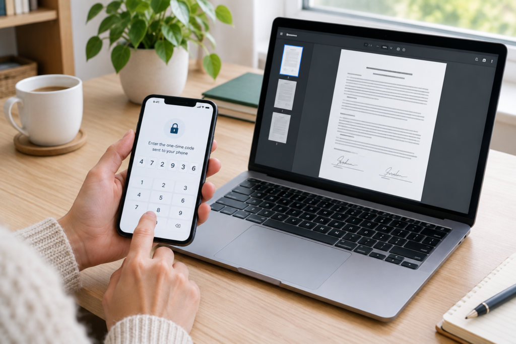 екран телефону з полем для одноразового коду та збережений PDF договір на ноутбуку