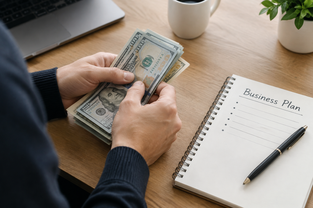 Руки перераховують банкноти поруч із записником з назвою «Business Plan»