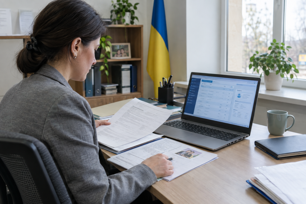 соціальний працівник переглядає документи сім’ї на ноутбуку з інтерфейсом реєстрів