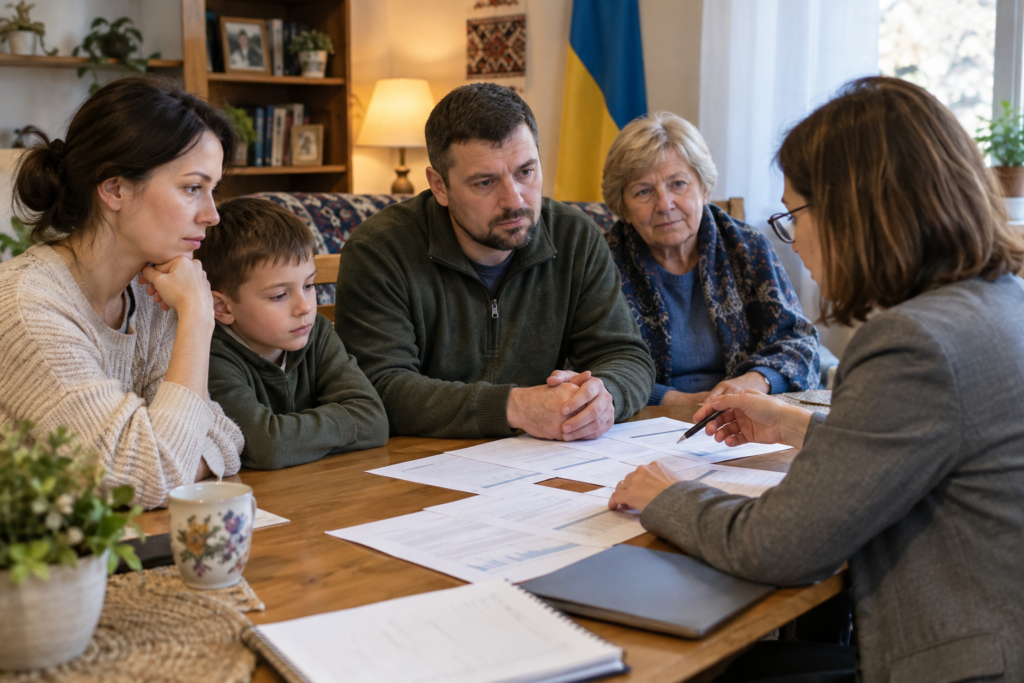 українська сім’я обговорює фінанси з консультантом за столом