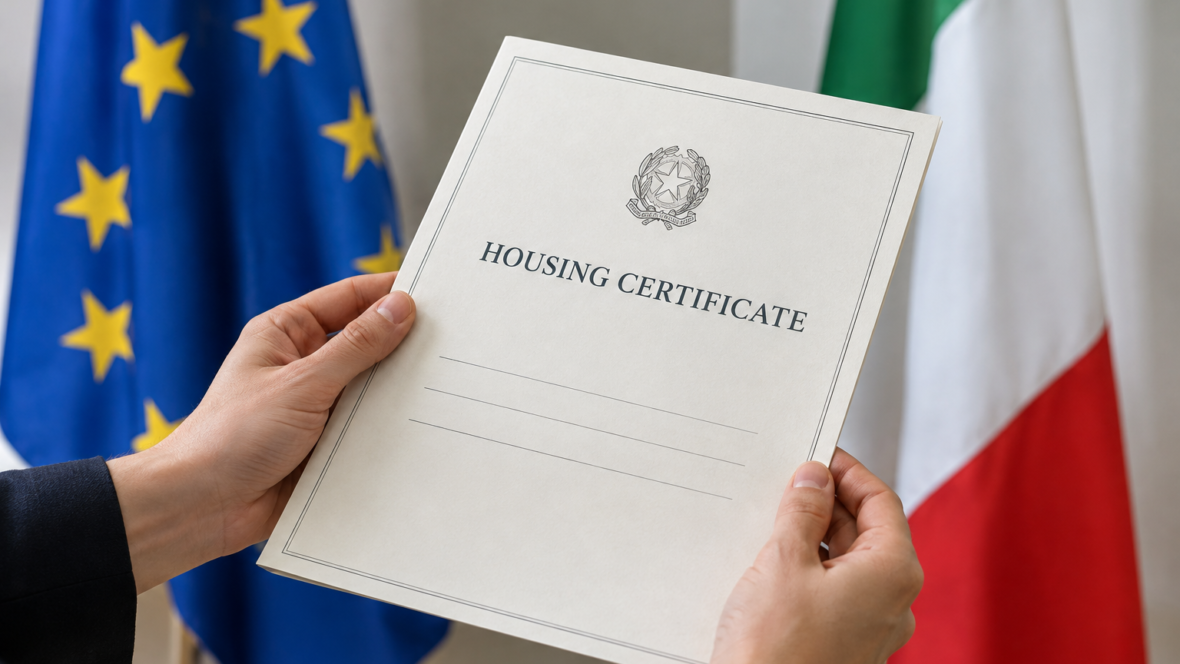 Рукостискання з документом житлового сертифіката на тлі прапорів ЄС та Італії