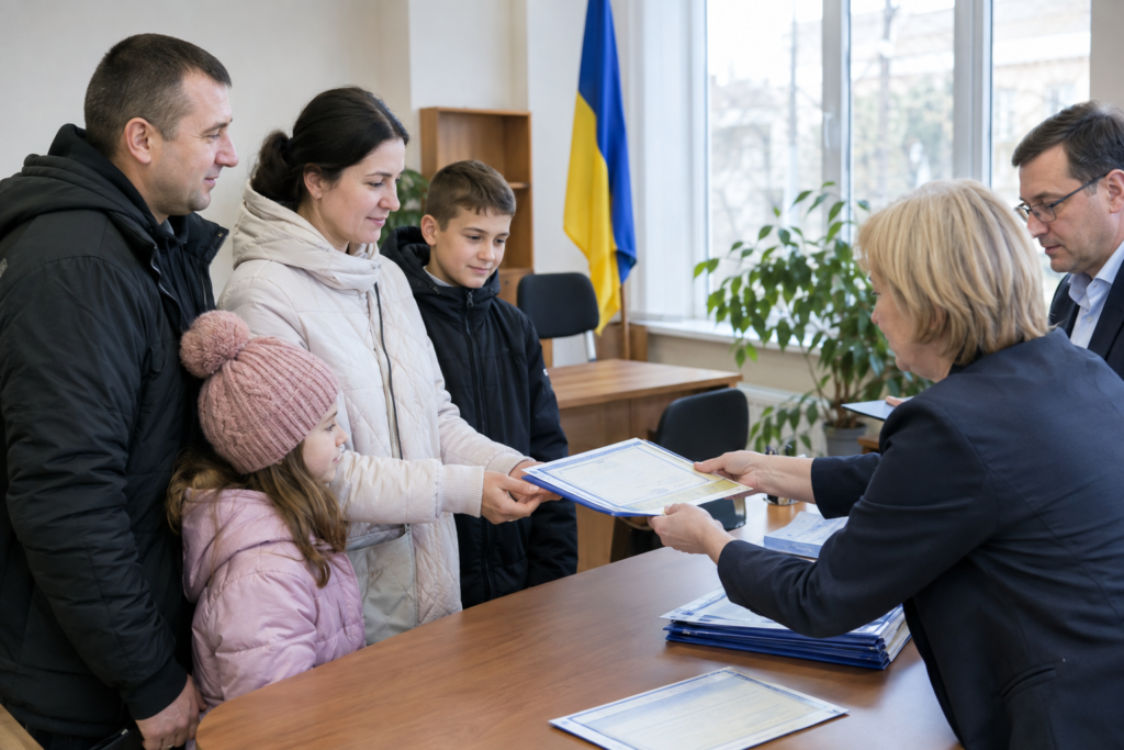Українська родина отримує документи житлового сертифіката в муніципалітеті
