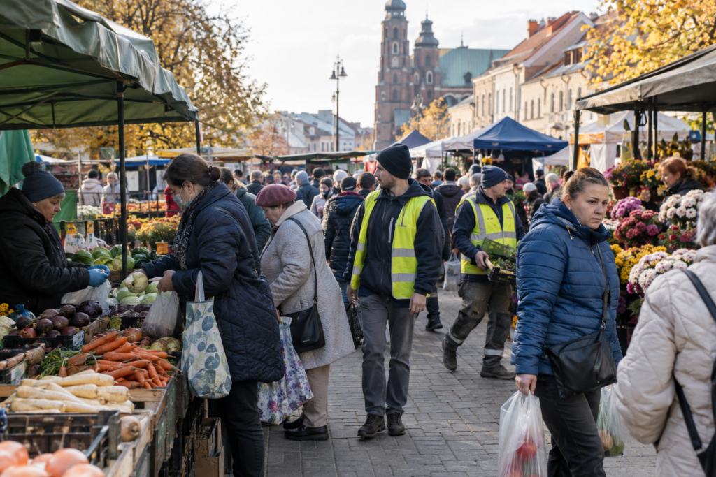 українці на польському ринку, люди купують товари, реалістичне фото