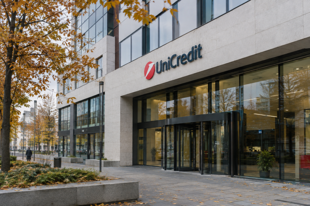 Фасад банківського офісу UniCredit на вулиці восени українською