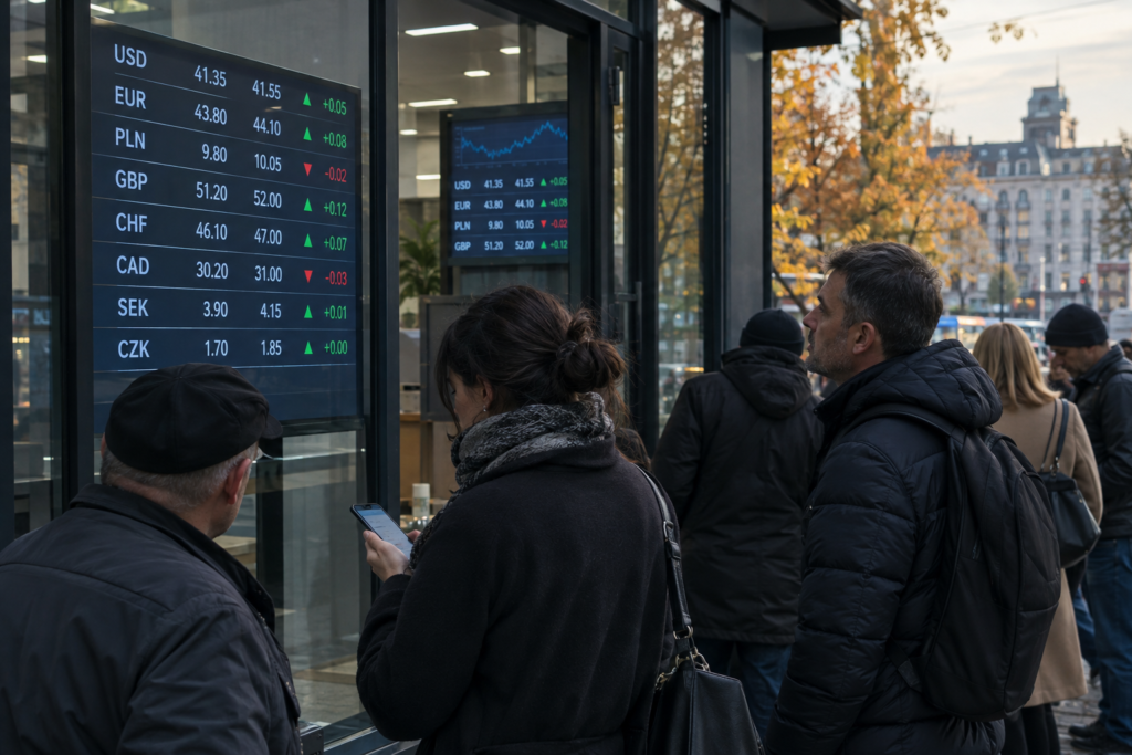 Обмінний пункт з цифровими табло і людьми, що дивляться курси