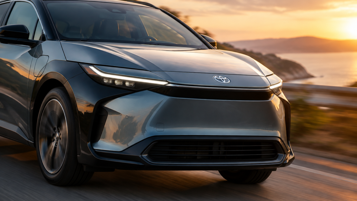 Toyota bZ на дорозі під час золотого години, акцент на дизайні та значку електромобіля
