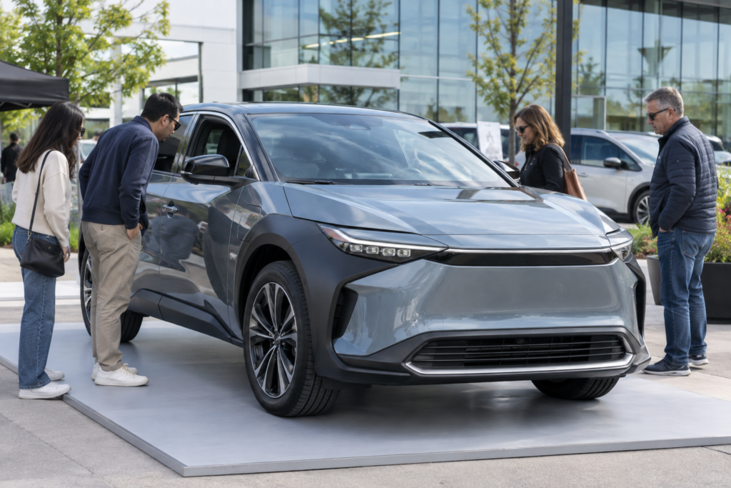 Toyota bZ на виставці, покупці оглядають електрокросовер