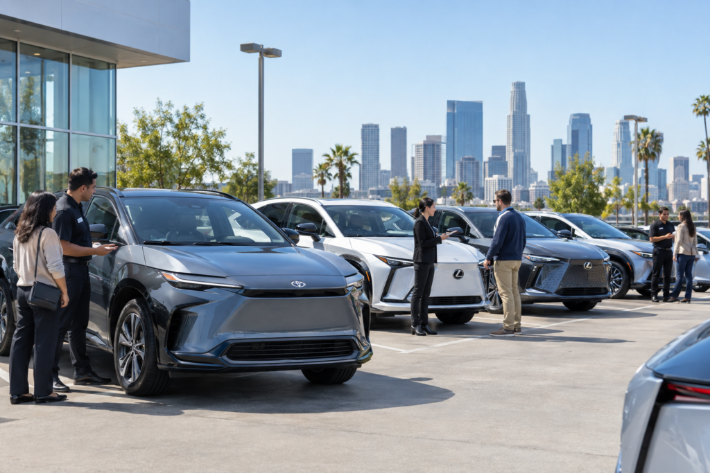 Парковка дилерського центру з електромобілями Toyota і Lexus, продавці спілкуються з клієнтами