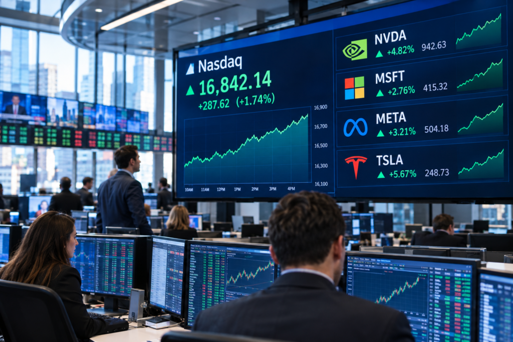 Екрани біржі з показниками Nasdaq та тікерами Nvidia, Microsoft, Meta і Tesla