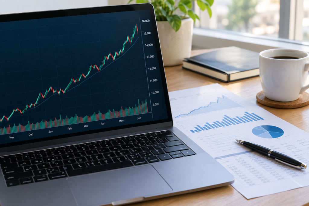 Графік зростання Nasdaq на ноутбуку серед фінансових паперів та чашки кави