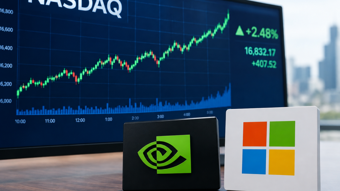 Графік зростання Nasdaq на екрані з логотипами Nvidia і Microsoft