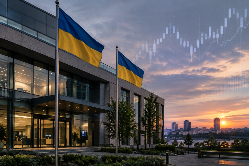 Фасад банку з українським прапором ввечері