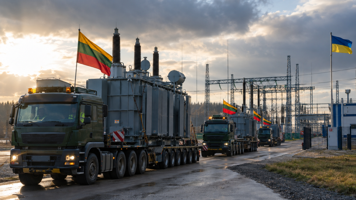 Колона вантажівок з трансформаторами та литовськими прапорами біля підстанції в Україні