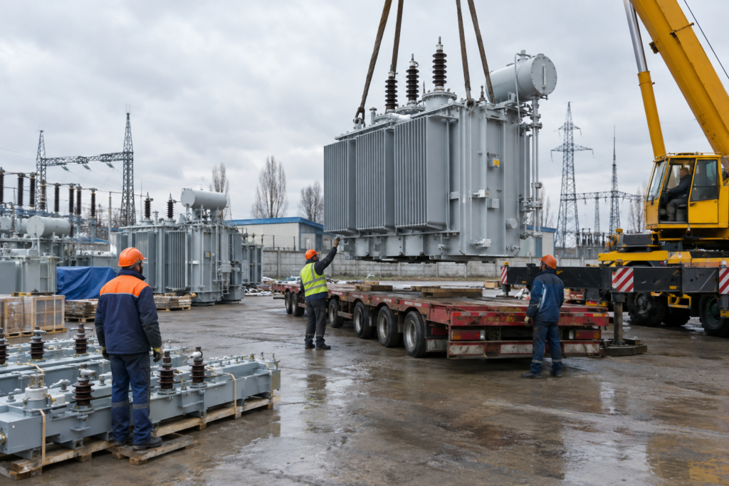Вивантаження трансформаторів і електроустаткування на майданчику в Україні