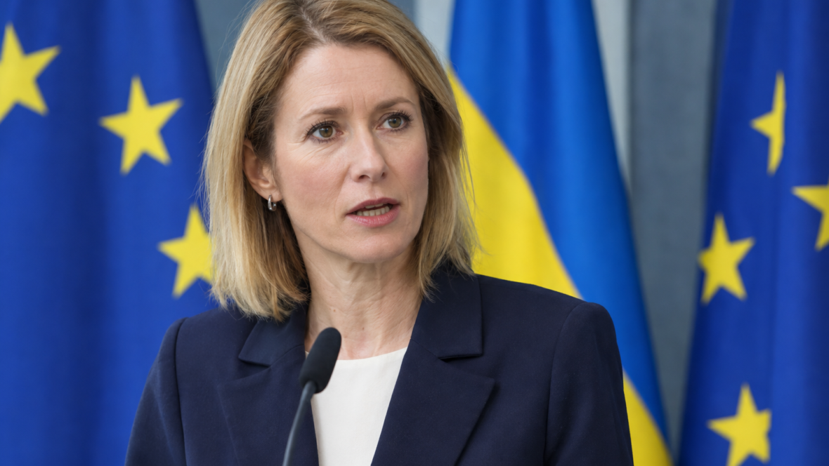 портрет високої представниці ЄС на фоні прапорів