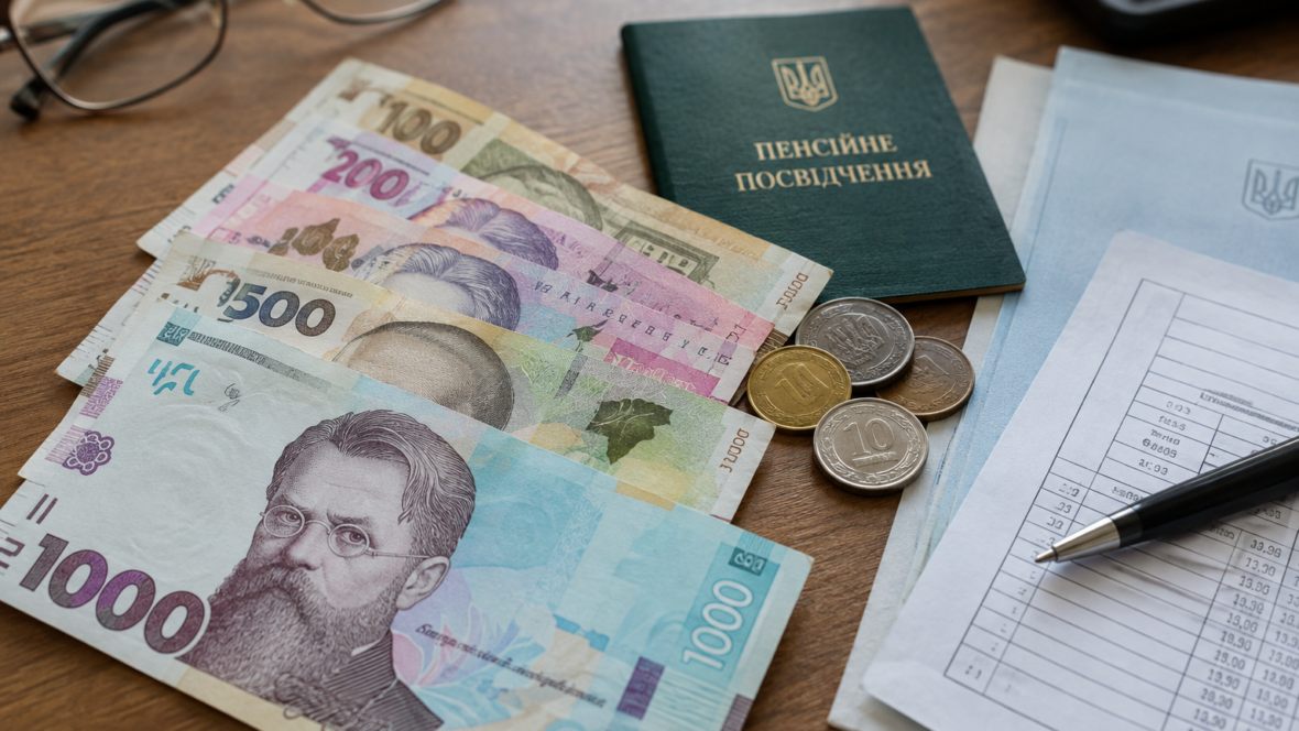 Банкноти гривні поруч із документами про зарплату і пенсію на столі