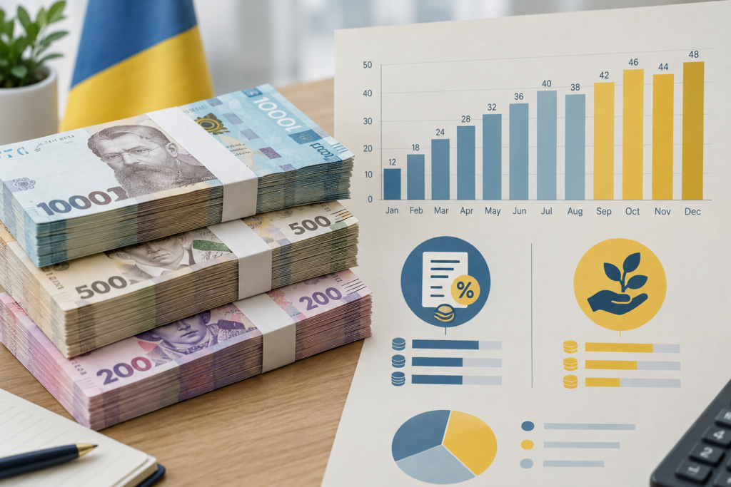 Інфографіка з гривнями, діаграмою надходжень і іконками податків і грантів