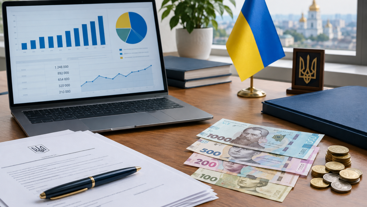 Ілюстрація бюджетних цифр на екрані з документами та гривнями