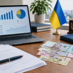 Ілюстрація бюджетних цифр на екрані з документами та гривнями