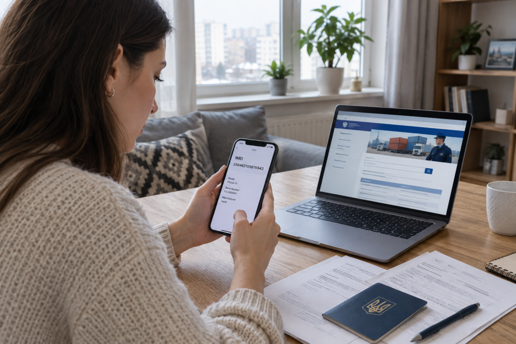 Людина перевіряє IMEI смартфона за допомогою ноутбука на тлі сторінки митної служби