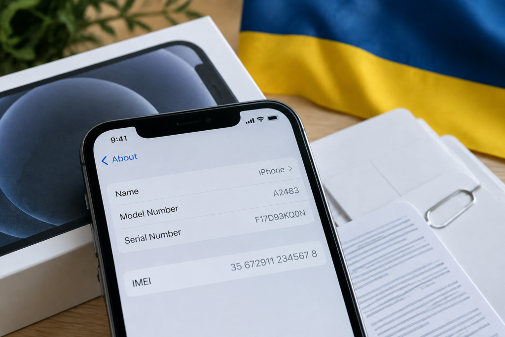Крупний план iPhone із видимим IMEI поруч із коробкою та документами на тлі синьо-жовтого кольору