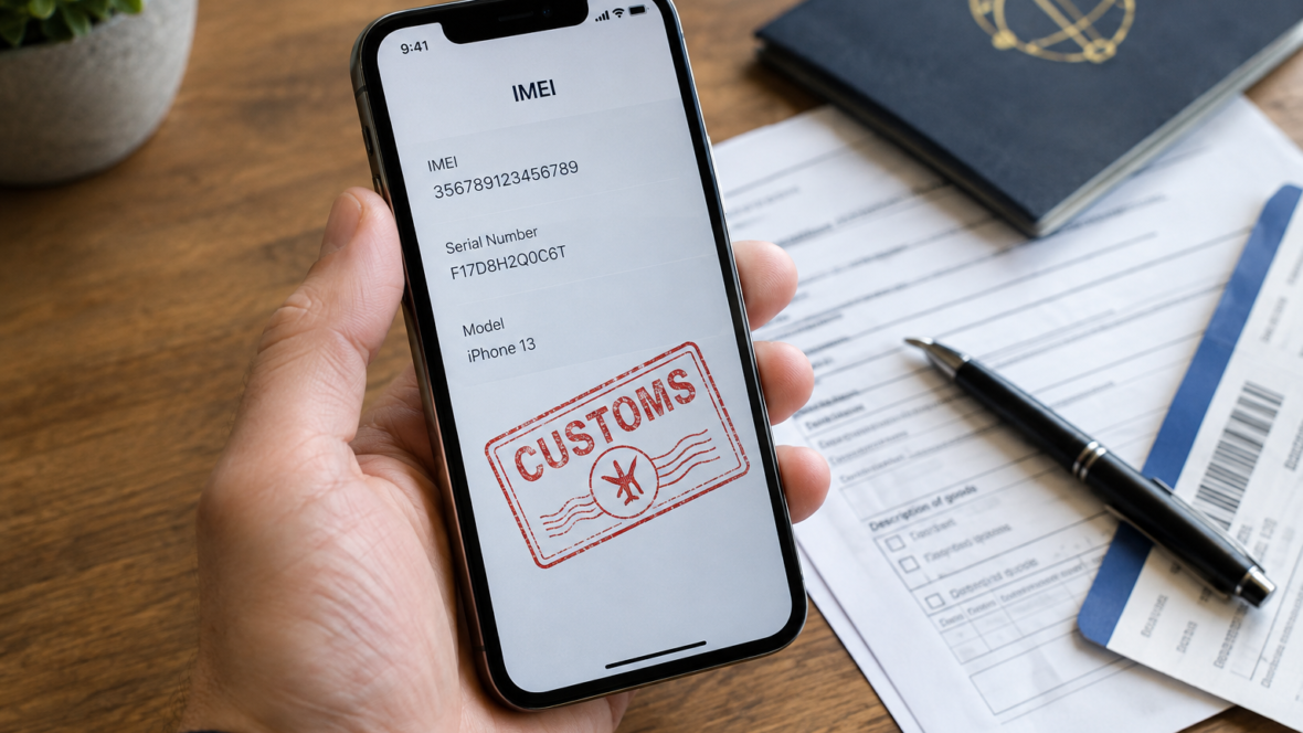 Крупний план iPhone з IMEI на екрані на тлі документів та печатки митниці
