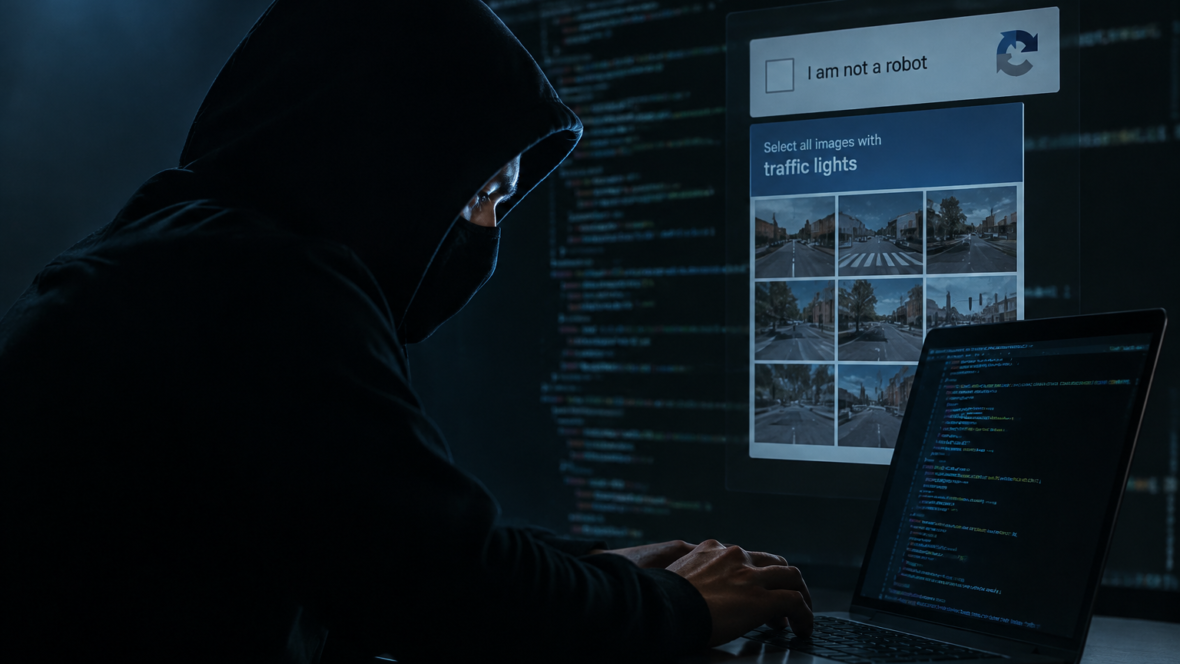 силует хакера за ноутбуком на фоні підробленої CAPTCHA