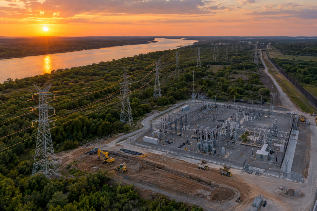 Високовольтні лінії та підстанція на заході сонця поряд з будівельною технікою