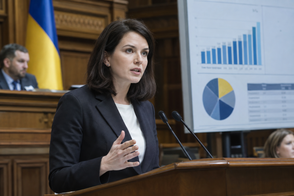 Нардеп виступає в парламенті на фоні бюджетних таблиць