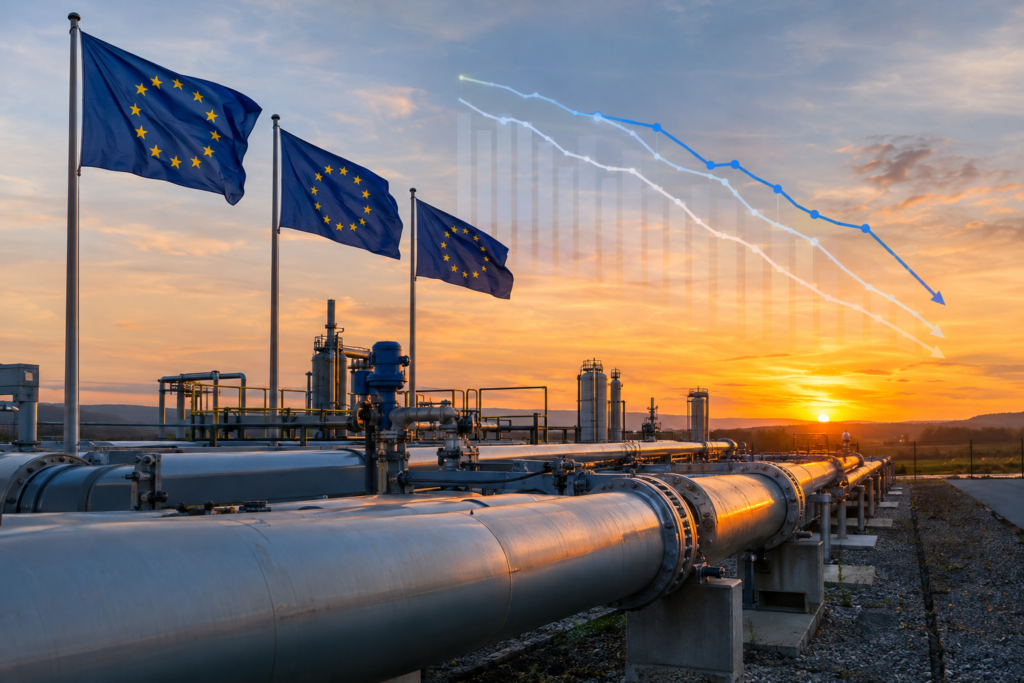 Газопровідна інфраструктура в ЄС з прапорами ЄС на заході