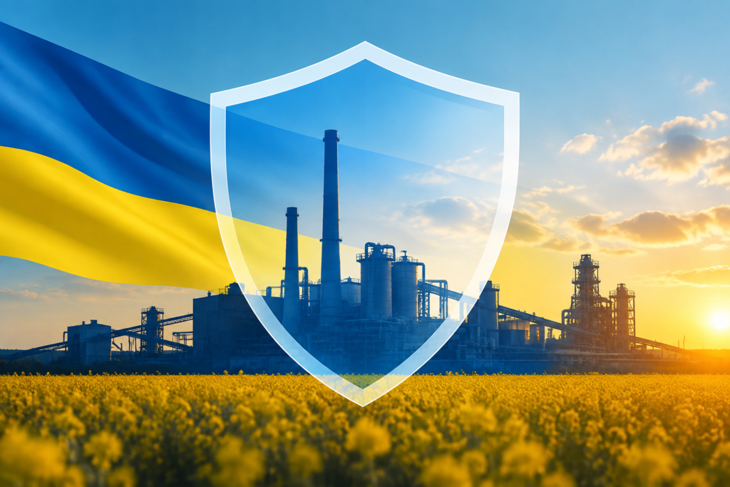 Ілюстрація фабрики з захисним щитом на тлі кольорів прапора України