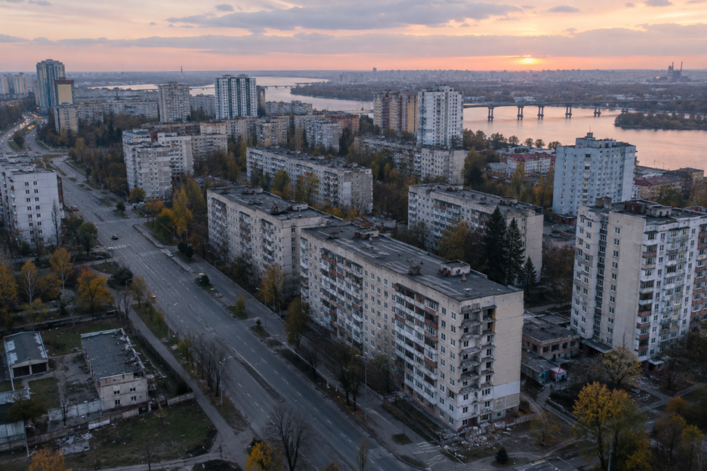 Житлові будинки на лівому березі Києва увечері, інфраструктура та вулиці, реалістична сцена українською