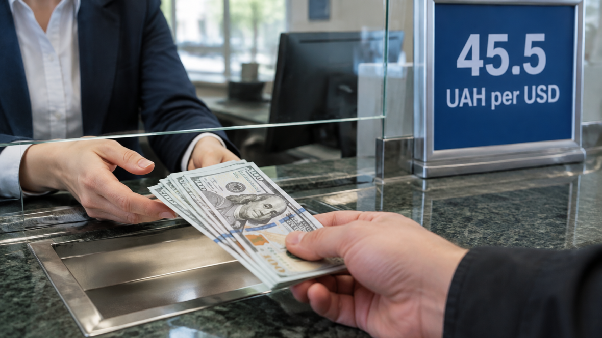 Обмін валют у банку з табличкою 45,5 грн за долар