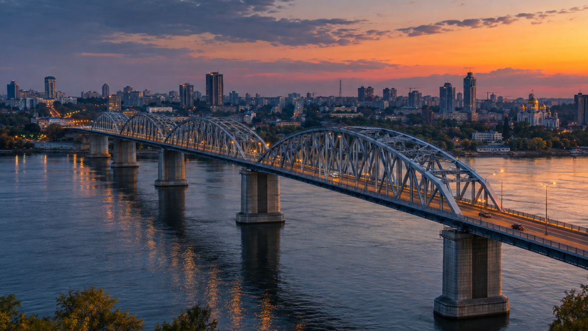 великий цільнозварний металевий міст над річкою ввечері, видно модульні прогони і пейзаж міста