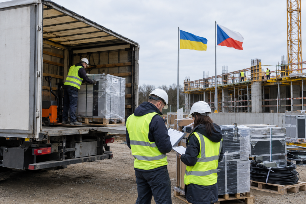 Розвантаження обладнання на будівельному майданчику з прапорами України і Чехії