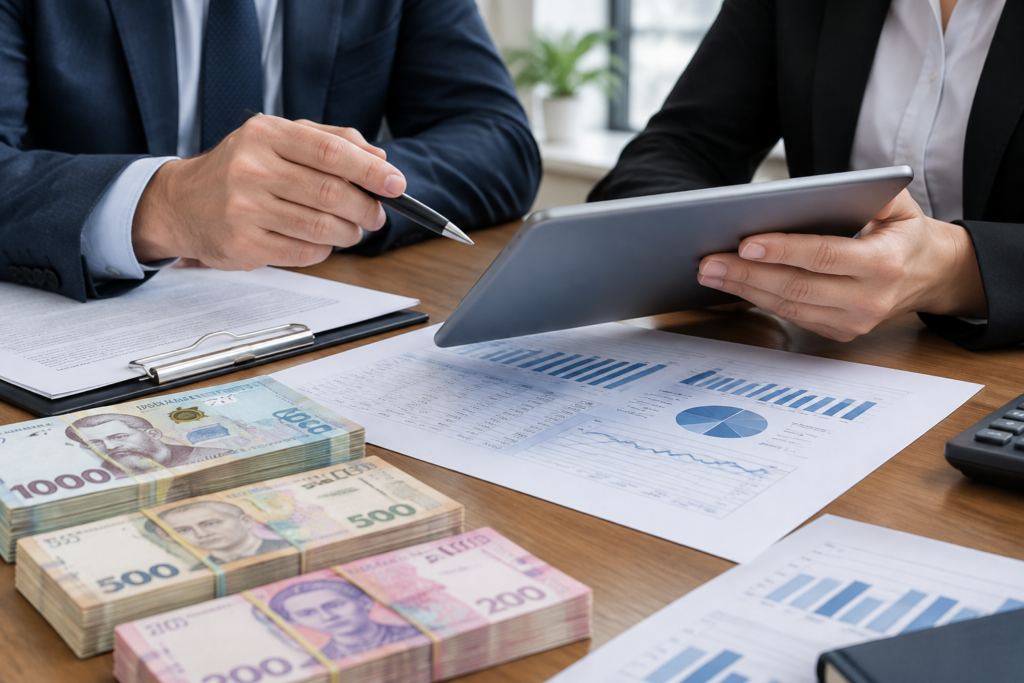 Банкіри переглядають документи по кредитах і графіки