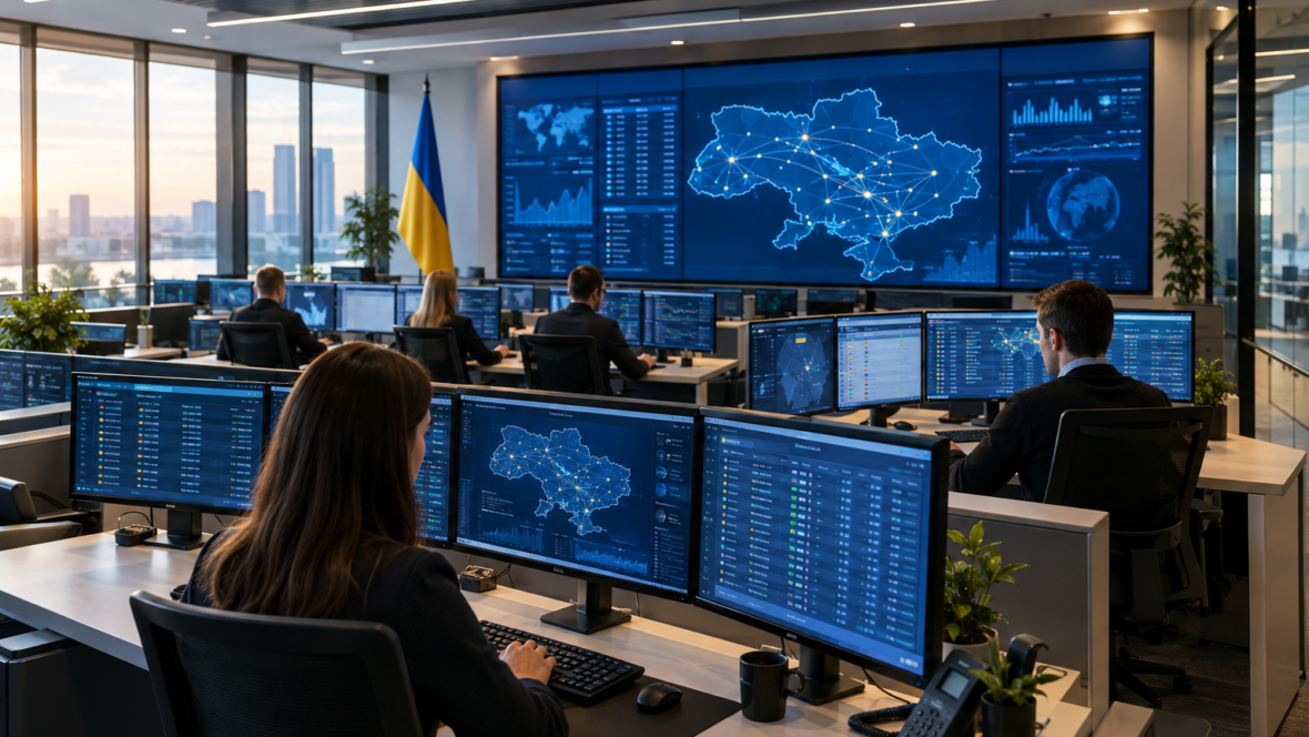 операційний центр мережі платіжних терміналів на тлі українського прапора