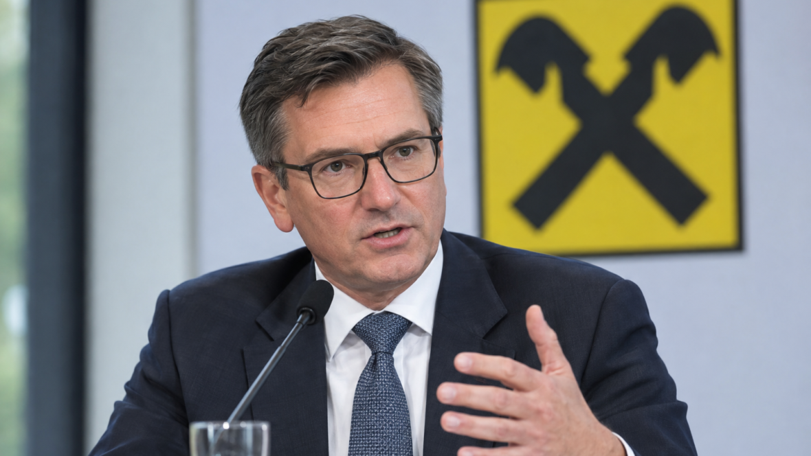 Гендиректор Raiffeisen під час пресбрифінгу, логотип банку на фоні