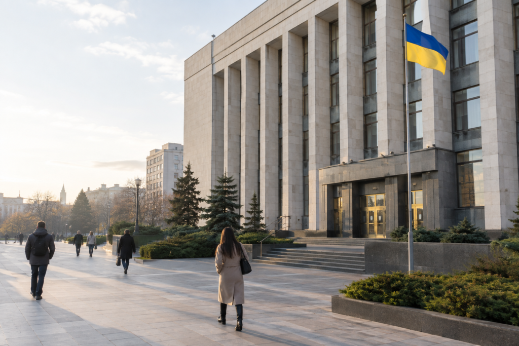 Будівля уряду з прапором України на передньому плані